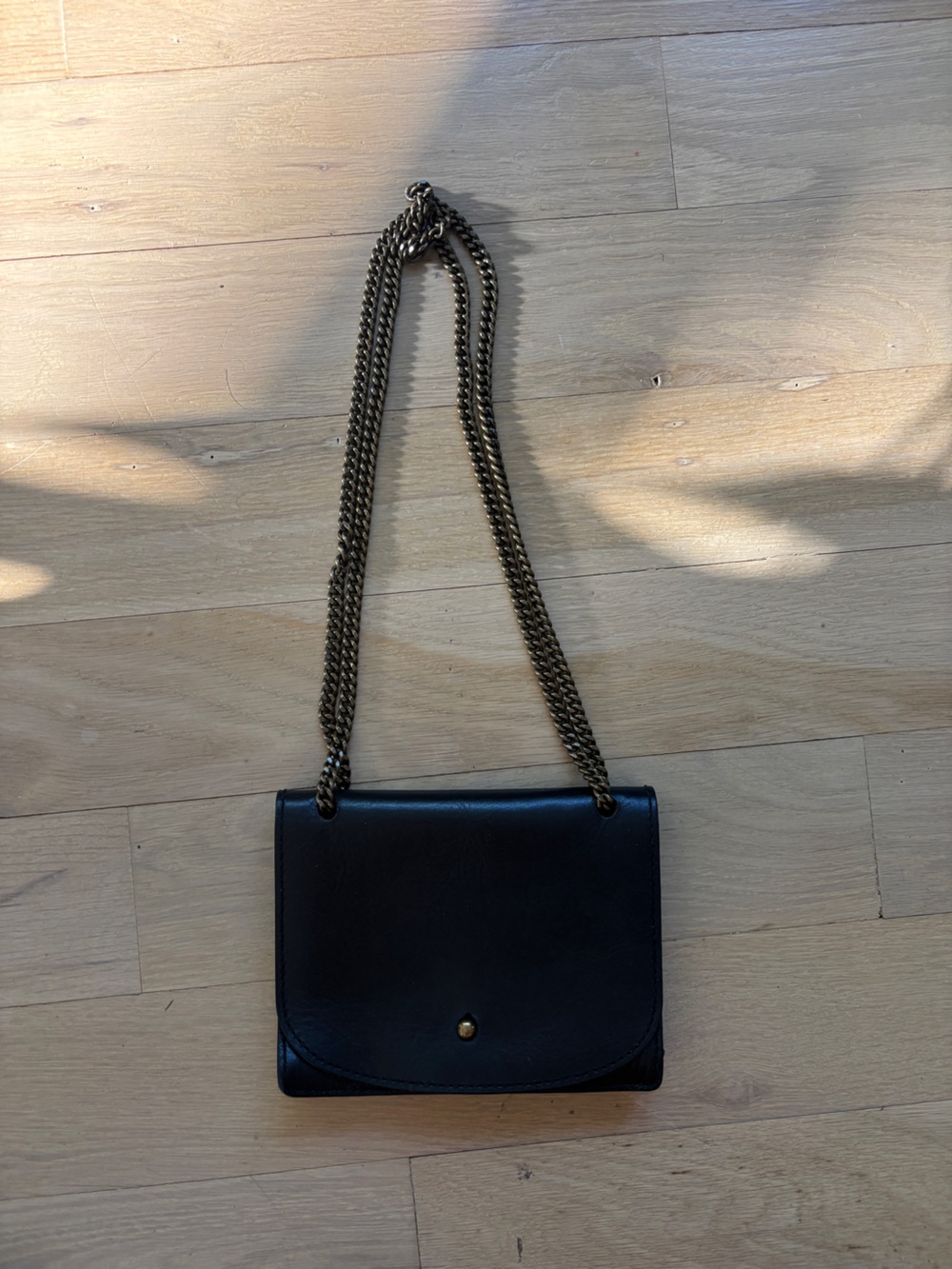 Madewell Black Leather Clutch with Brass Chain Strap